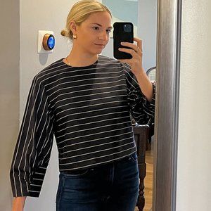 Tibi Sateen Striped Navy Blue Top